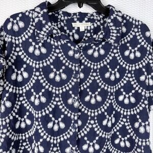 Fig + Flower Navy Blue White Embroidered Button Front Blouse Short Sleeve Medium